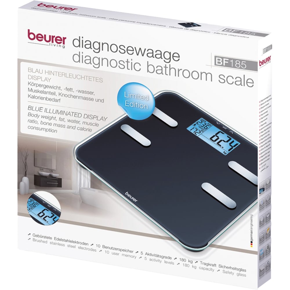 Cantar de diagnostic BEURER BF185, 180kg, electronic, sticla, negru