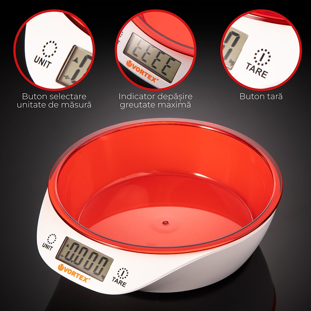Cantar de bucatarie VORTEX VO4014RD, 5kg, rosu-alb