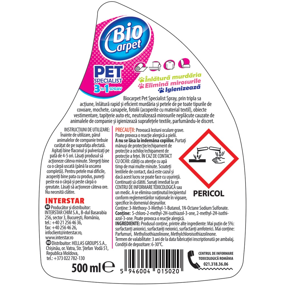 Spray pentru indepartarea petelor BIOCARPET Pet Specialist 3 in 1, 500 ml