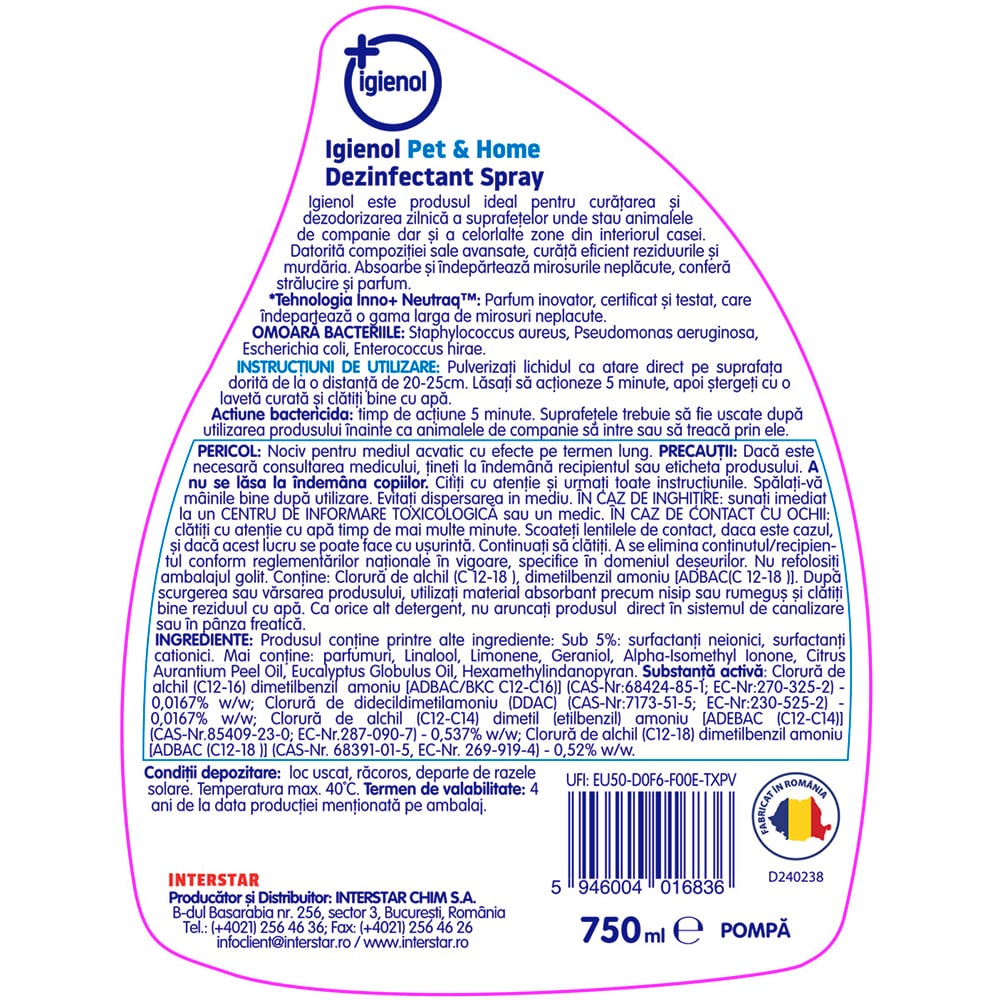 Solutie dezinfectanta IGIENOL Pet&Home Trigger, 750 ml