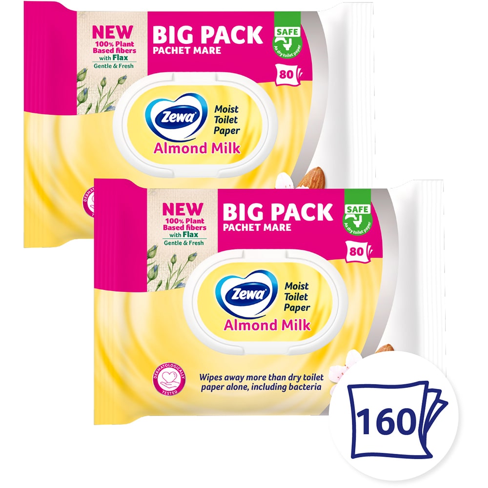 Hartie igienica umeda ZEWA Almond, 2 pachete, 80 bucati