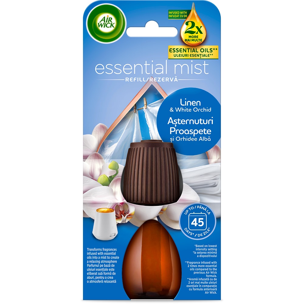 Rezerva pentru difuzor de parfum cu uleiuri esentiale AIR WICK Aroma Mist, Asternuturi proaspete si Orhidee Alba, 20 ml