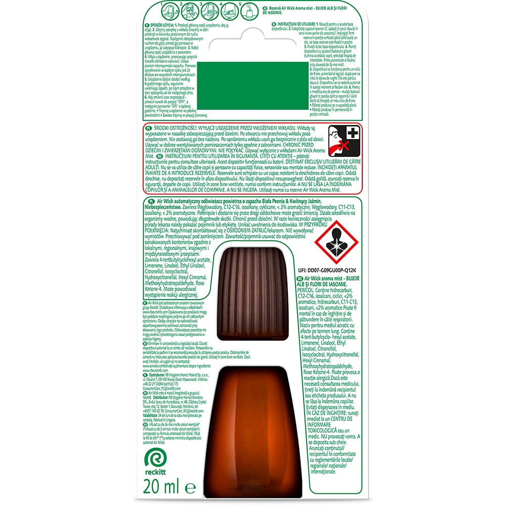 Difuzor de parfum cu uleiuri esentiale AIR WICK Aroma Mist, Bujor Alb si Flori de Iasomie, 20 ml