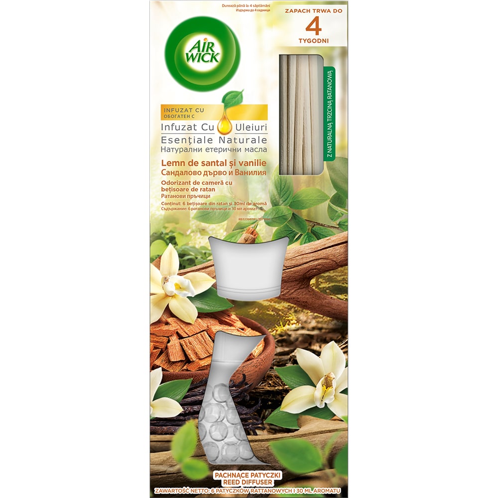 Odorizant cu betisoare AIR WICK, Lemn de Santal & Vanilie, 30 ml
