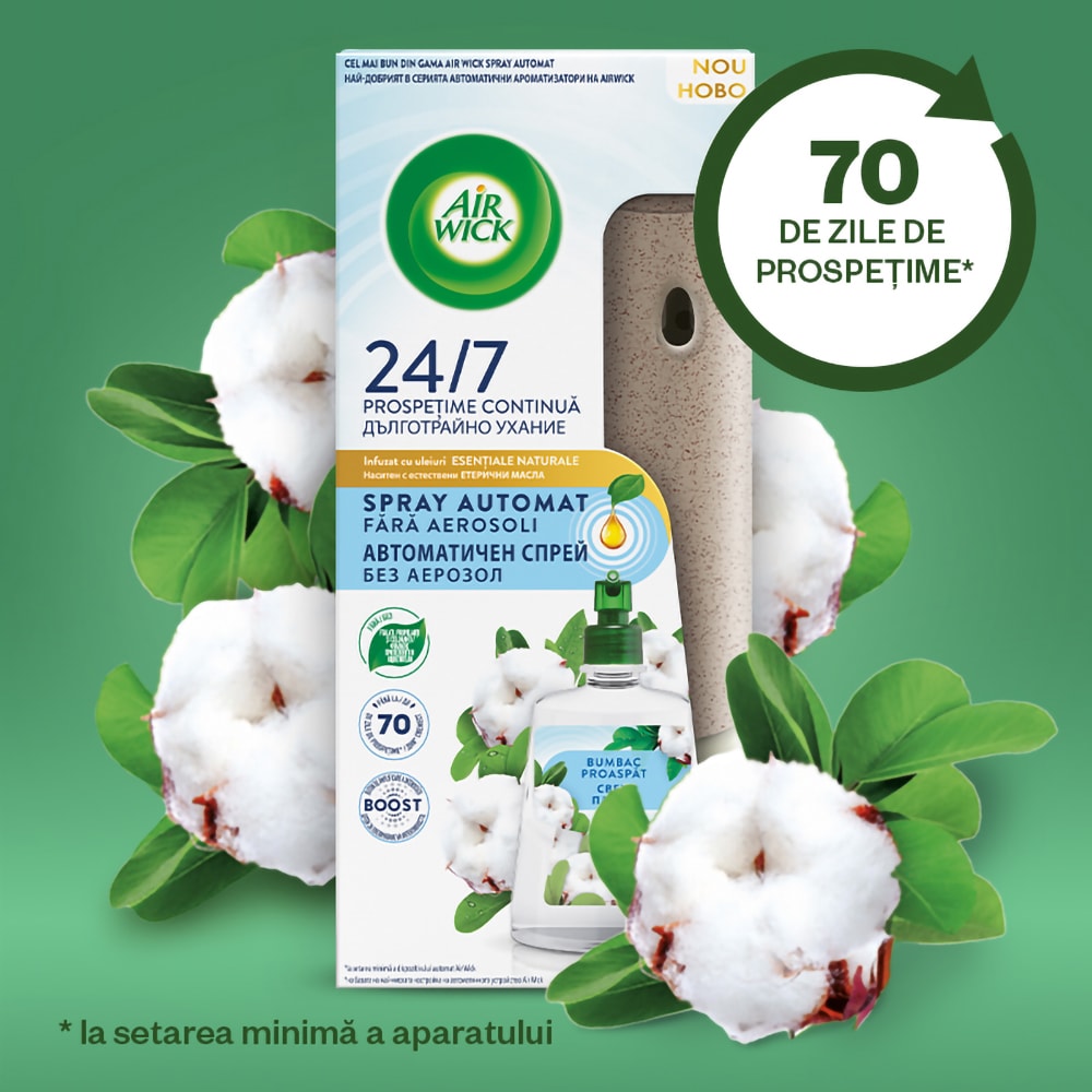 Odorizant de camera automat fara aerosoli AIR WICK, Bumbac proaspat, 228 ml