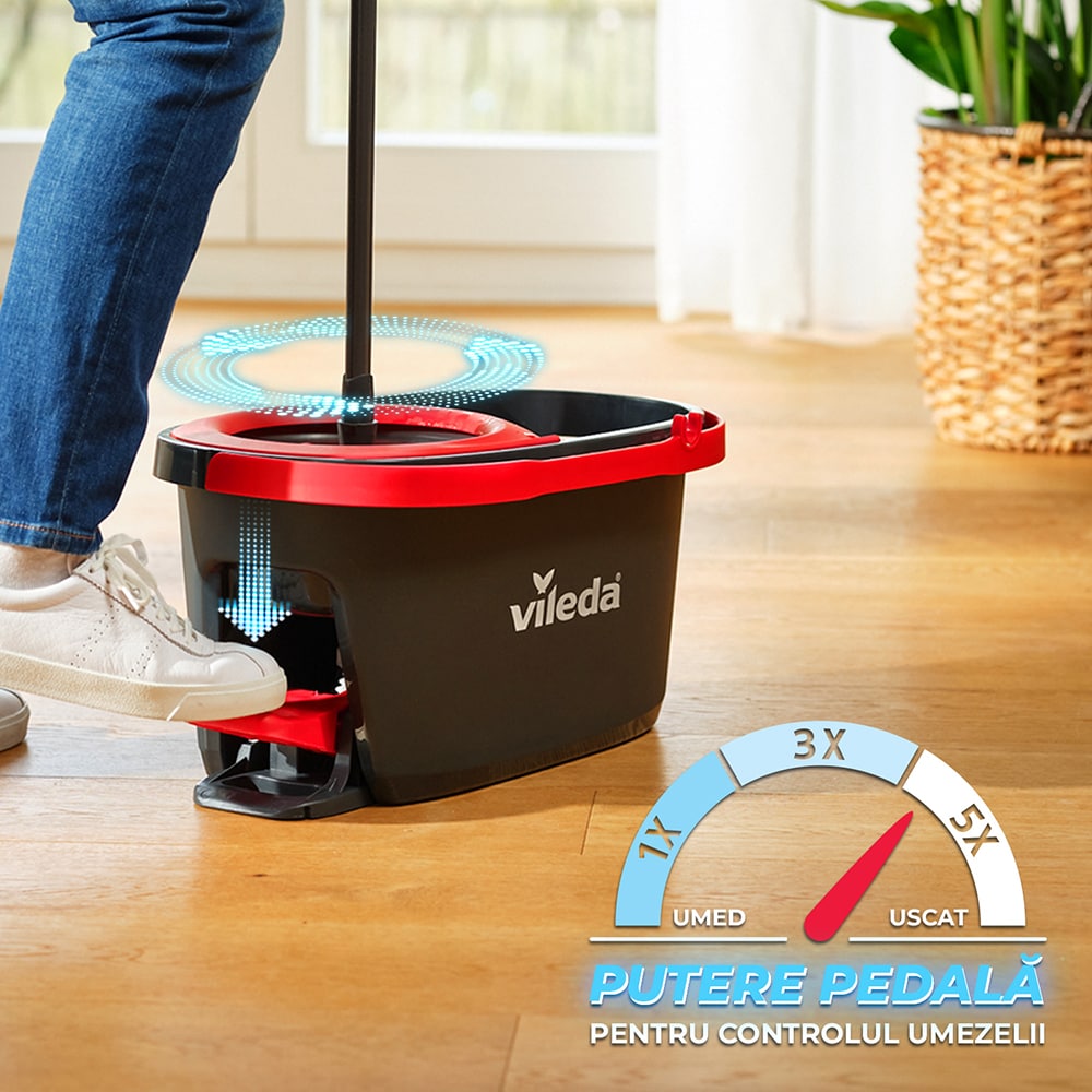 Set galeata cu storcator + mop + maner VILEDA Turbo, rosu-negru