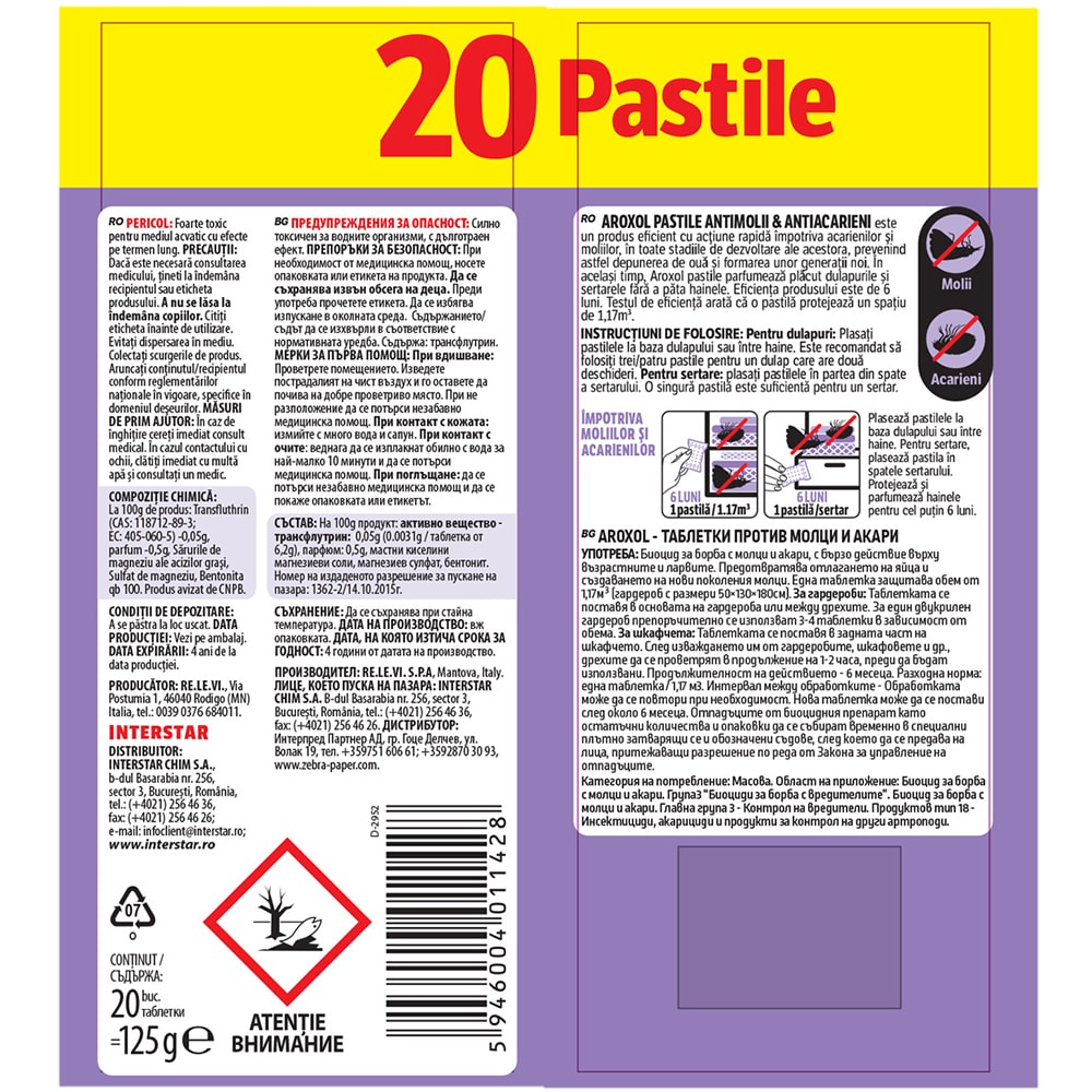 Pastile anti-molii si anti-acarieni AROXOL, 20 buc