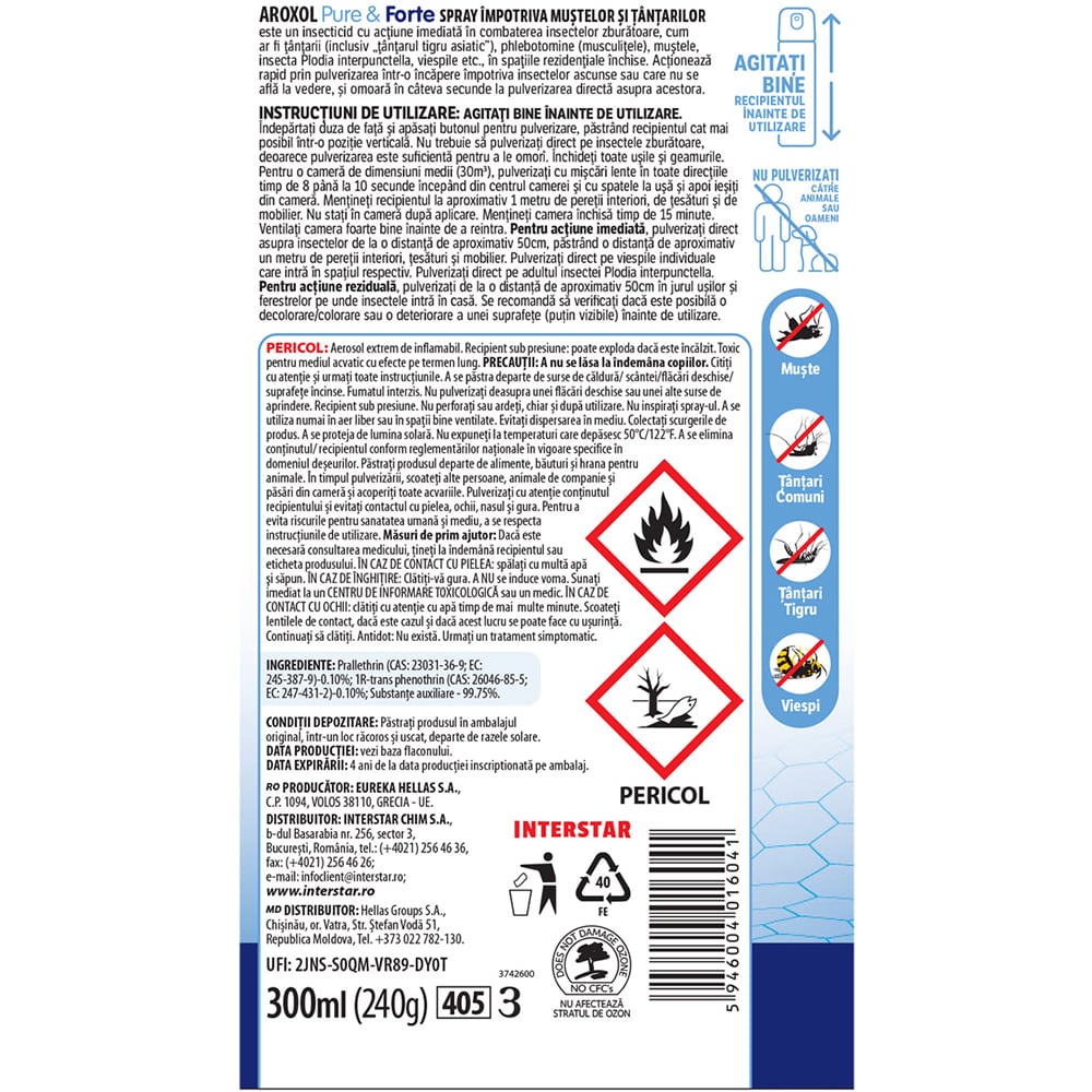 Spray impotriva mustelor si tantarilor AROXOL Pure & Forte, 300 ml