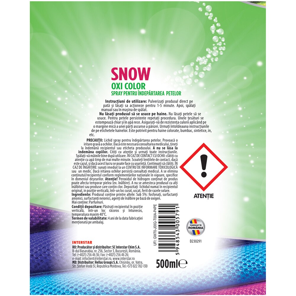 Spray pentru indepartarea petelor SNOW Oxi Color, 500 ml