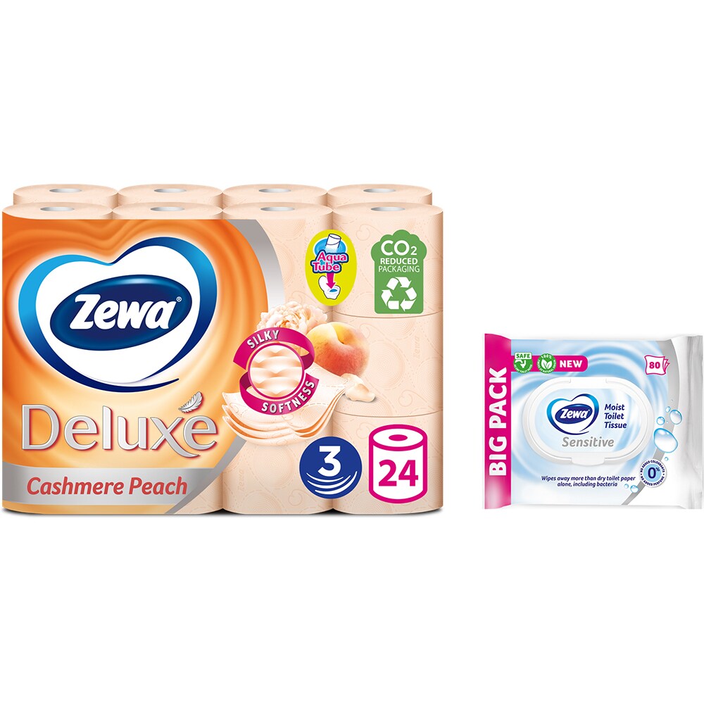 Pachet hartie igienica ZEWA Deluxe Cashmere Peach, 3 straturi, 24 role + hartie igienica umeda Sensitive, 80 bucati