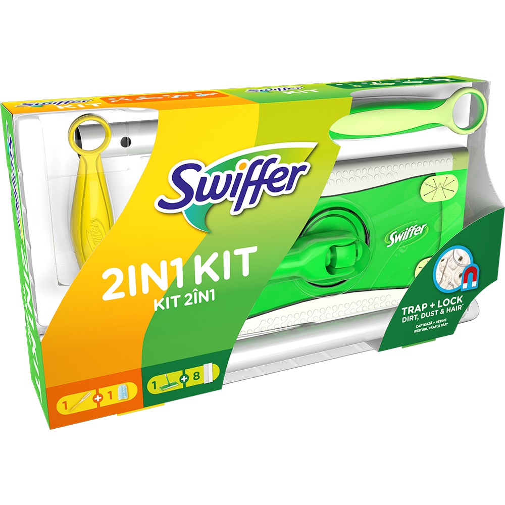 Set Mop uscat + Pamatuf + 8 lavete uscate SWIFFER Trap + Lock Dirt Dust & Hair