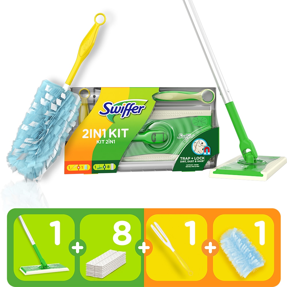 Set Mop uscat + Pamatuf + 8 lavete uscate SWIFFER Trap + Lock Dirt Dust & Hair