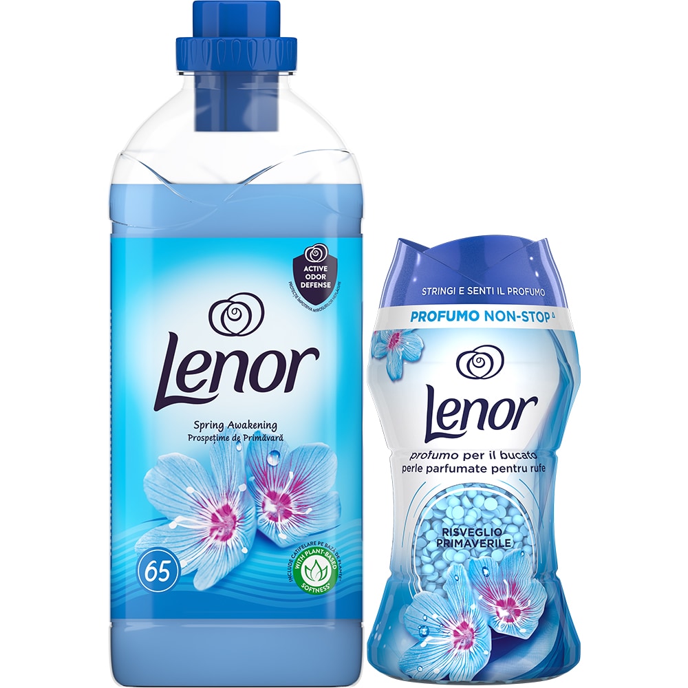 Pachet Balsam de rufe LENOR Spring Awakening, 1.65 l, 65 spalari + Perle parfumate LENOR Spring Awakening, 140 g