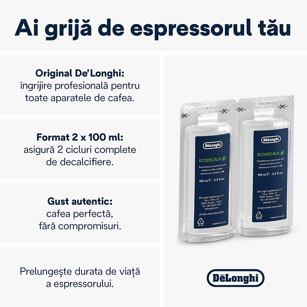 Decalcifiant pentru espressor DELONGHI ECODECALK2, 2 x 100ml