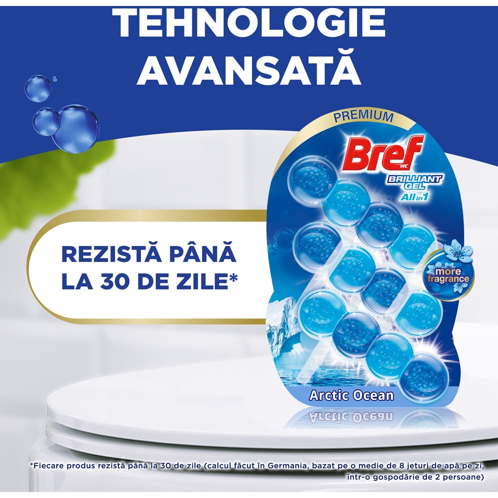 Odorizant toaleta BREF Brilliant Gel All in 1 Arctic Ocean, 3 x 42 g