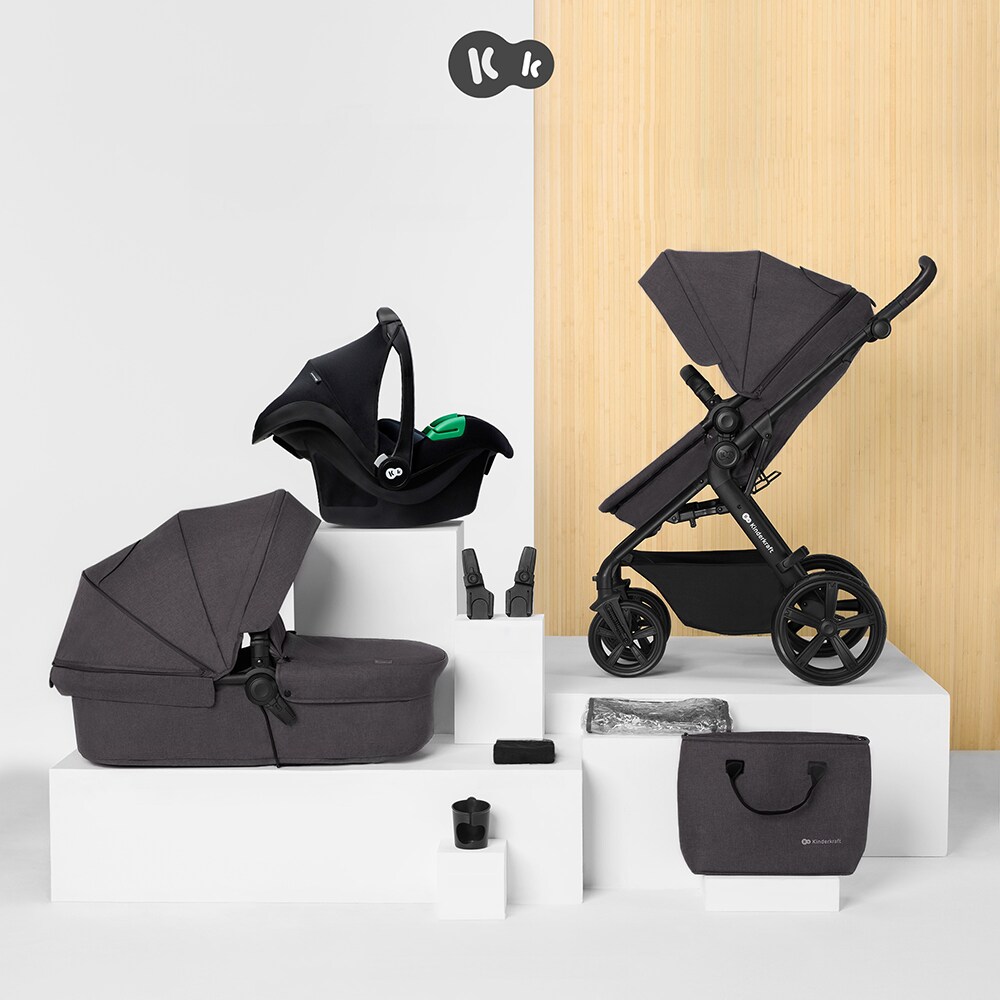 Carucior 3in1 KINDERKRAFT Atour Pro KSATOU00DGR30, 5 puncte, 0 luni+, gri inchis-negru