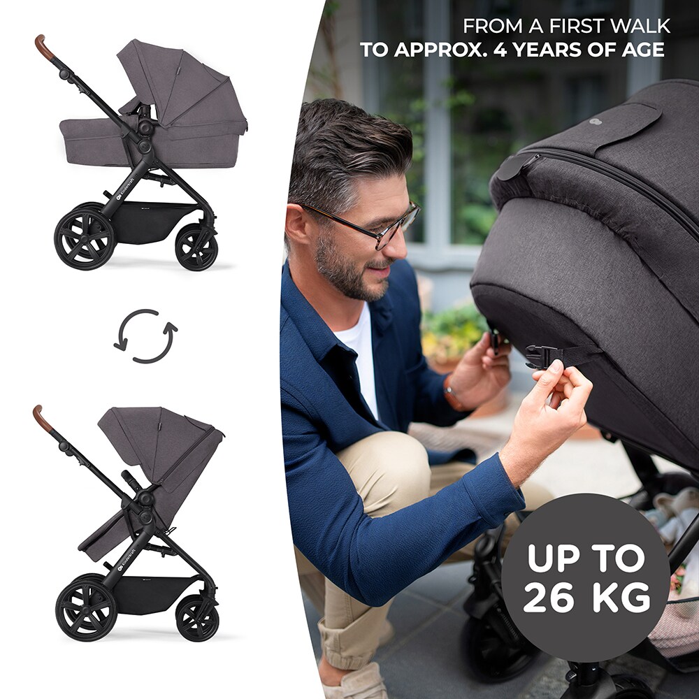 Carucior 3in1 KINDERKRAFT Atour Pro KSATOU00DGR30, 5 puncte, 0 luni+, gri inchis-negru