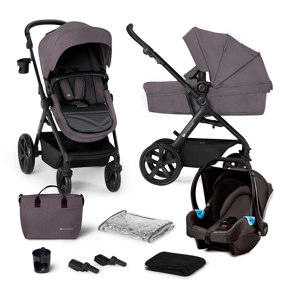 Carucior 3in1 KINDERKRAFT A-Tour KSATOU00DGR3, 5 puncte, 0 luni+, gri inchis-negru