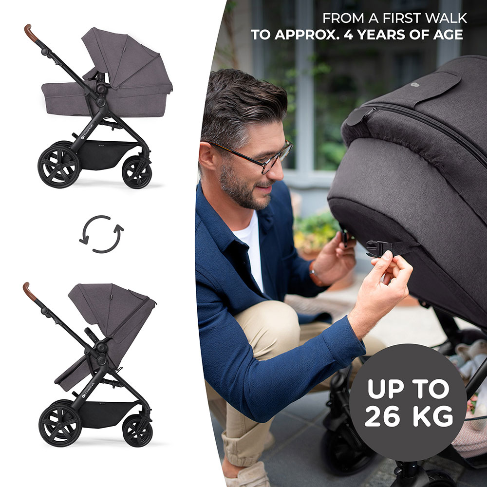 Carucior 3in1 KINDERKRAFT A-Tour KSATOU00DGR3, 5 puncte, 0 luni+, gri inchis-negru