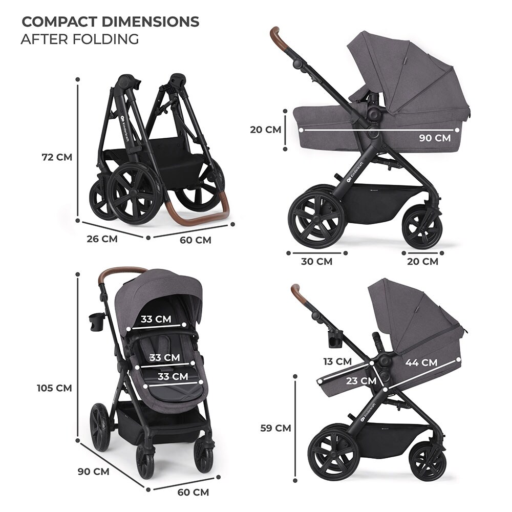 Carucior 3in1 KINDERKRAFT A-Tour KSATOU00DGR3, 5 puncte, 0 luni+, gri inchis-negru