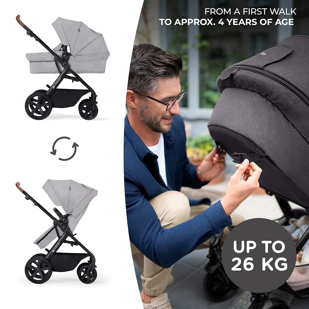 Carucior 3in1 KINDERKRAFT Atour Pro KSATOU00LGR30, 5 puncte, 0 luni+, gri-negru
