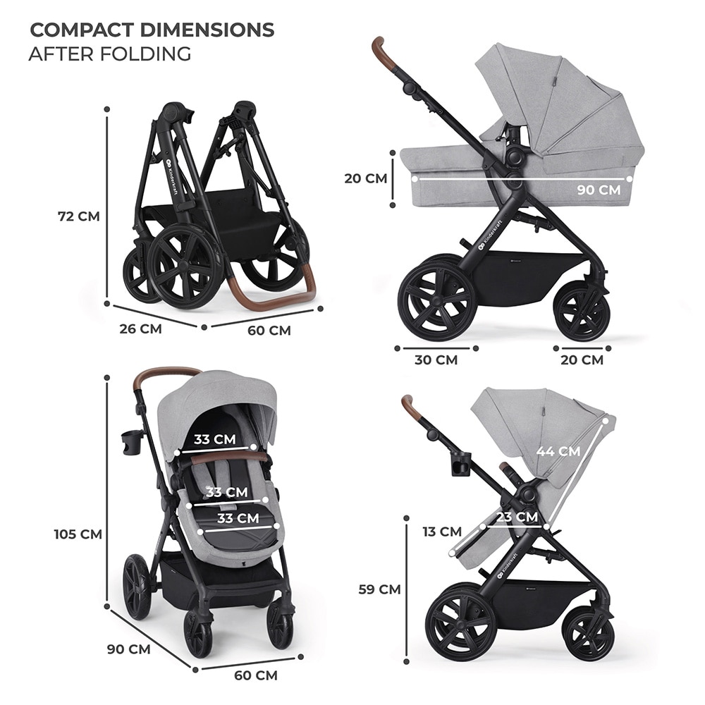 Carucior 3in1 KINDERKRAFT A-Tour KSATOU00LGR3, 5 puncte, 0 luni+, gri-negru