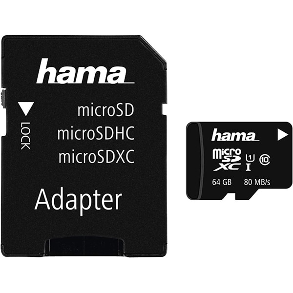 Card de memorie HAMA 124140 microSDXC 64GB, Clasa 10 UHS-I, 80MBs, adaptor