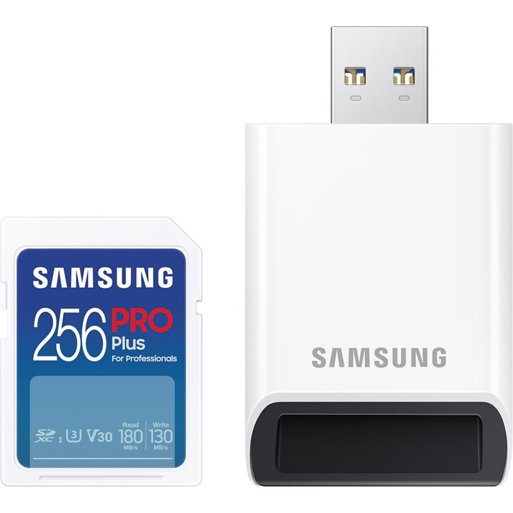 Card de memorie SAMSUNG PRO Plus, SDXC, 256GB, 180MB/s, clasa U3/V30/10, UHS-I, cititor