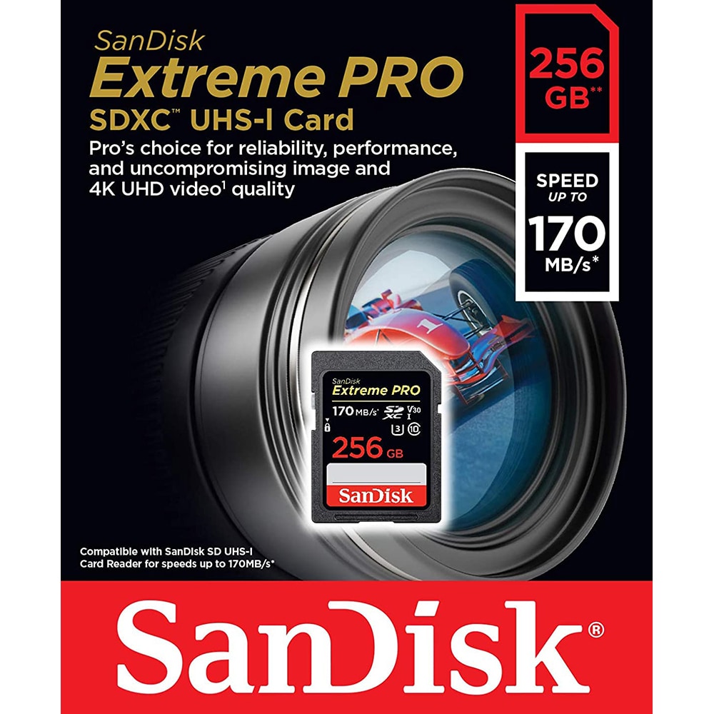 Card de memorie SANDISK Extreme Pro, SDXC, 256GB, 170MB/s, clasa 10/U3/V30, UHS-I