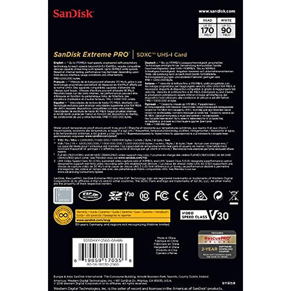 Card de memorie SANDISK Extreme Pro, SDXC, 256GB, 170MB/s, clasa 10/U3/V30, UHS-I