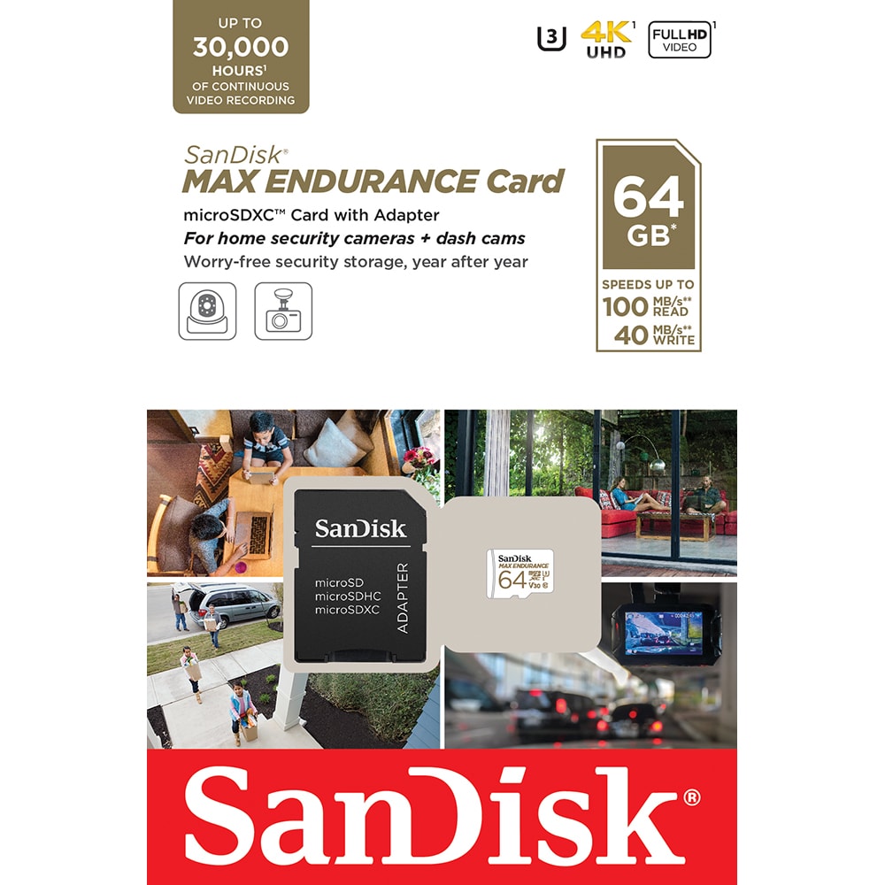Card de memorie SANDISK Max Endurance, microSDXC, 64GB, 100MB/s, clasa 10/U3/V30, UHS-I, adaptor