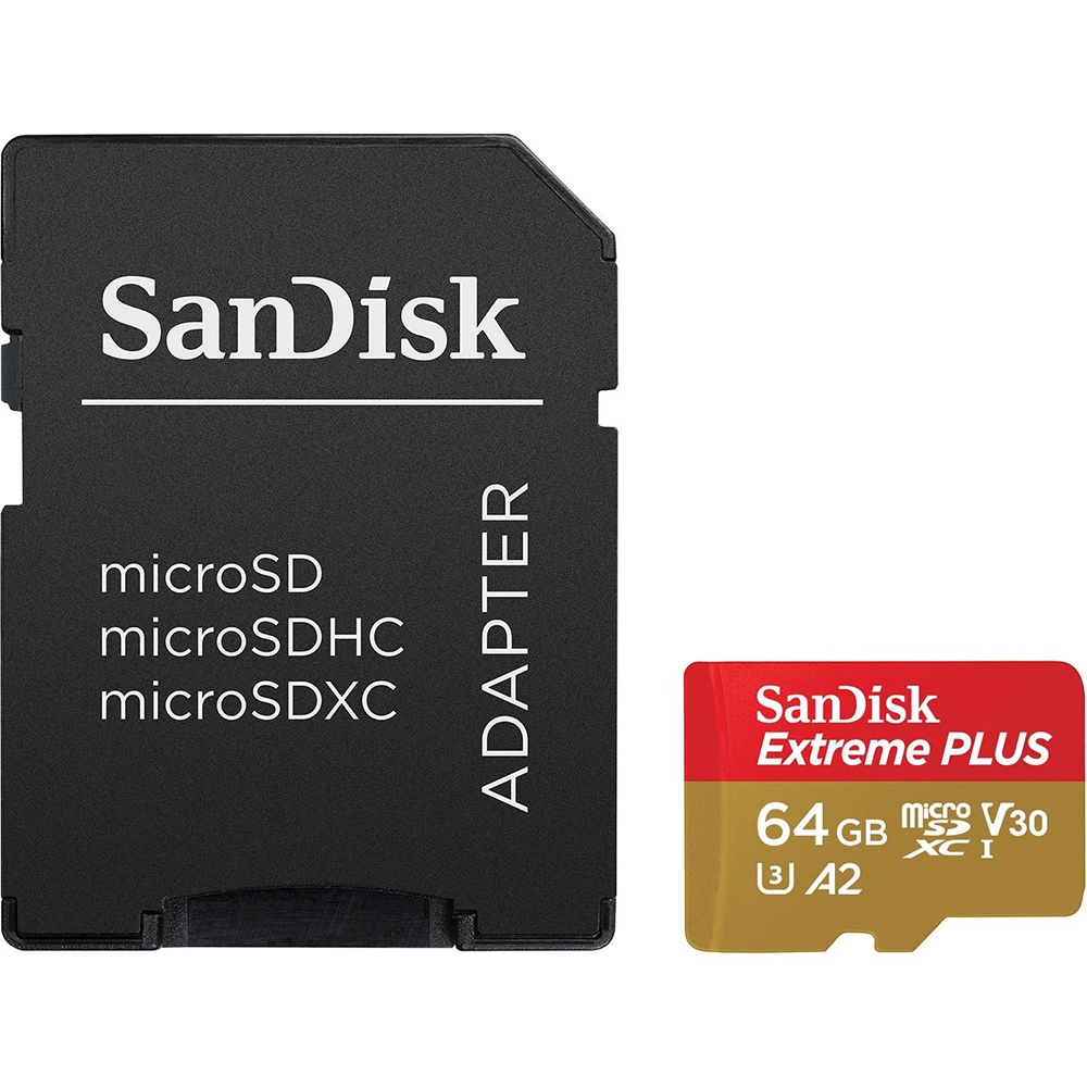 Card de memorie SANDISK Extreme Plus microSDXC UHS-I, 64GB, 200MB/s, C10, U3, V30, A2, adaptor