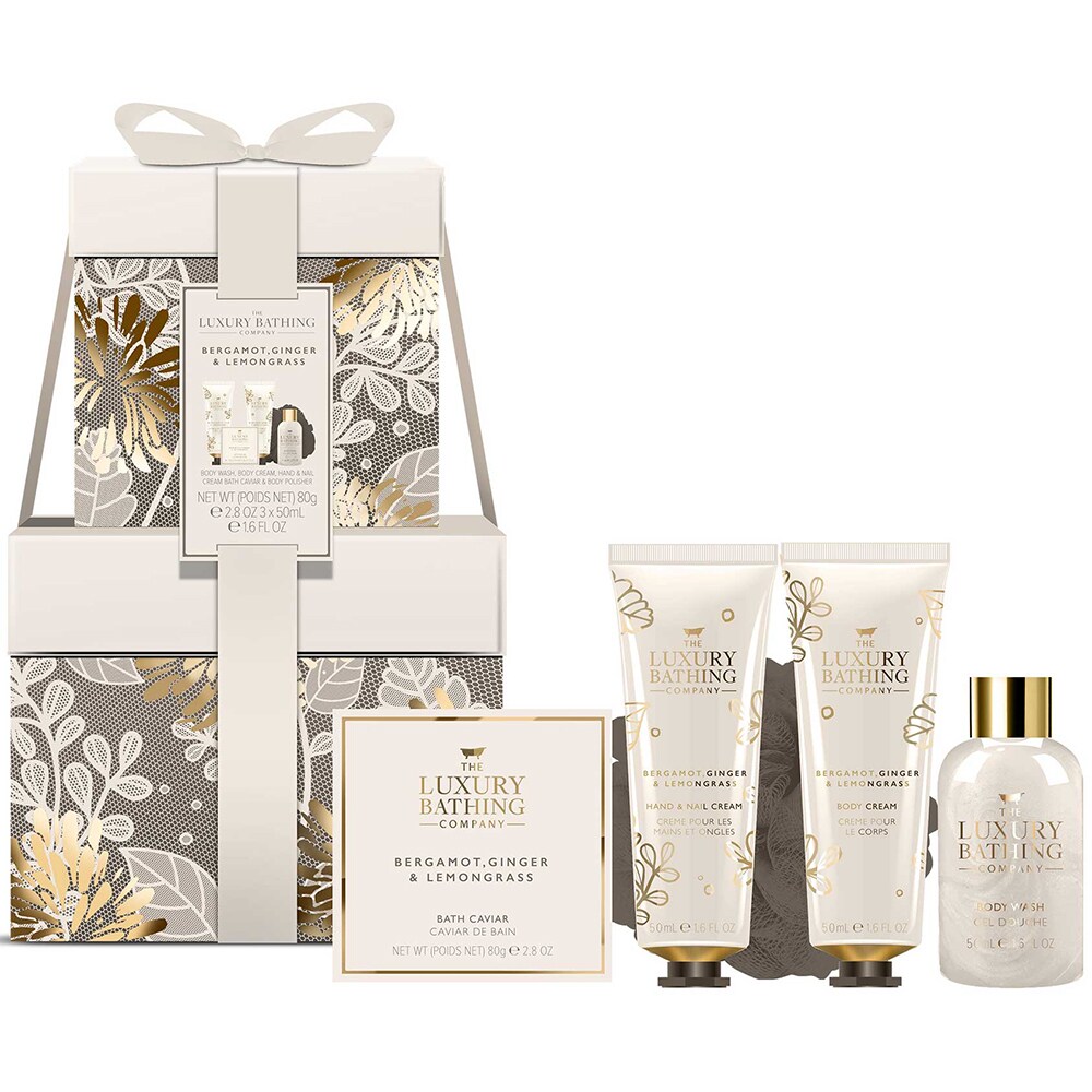 Set cadou THE LUXURY BATHING COMPANY Bergamot, Ginger&Lemongrass: Crema de corp, 50ml + Crema de maini, 50ml + Caviar de baie, 80g + Gel de dus, 50ml + Burete de corp