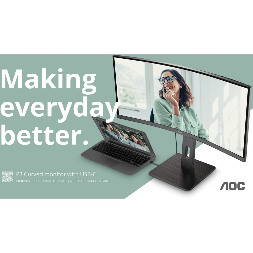 Monitor WLED VA AOC CU34P3CV, 34", WQHD, 100Hz, USB-C, Flicker-Free, negru