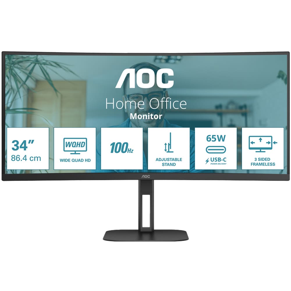 Monitor WLED VA AOC CU34V5C, 34", WQHD, 100Hz, AMD FreeSync, Flicker-Free, USB-C, boxe, negru