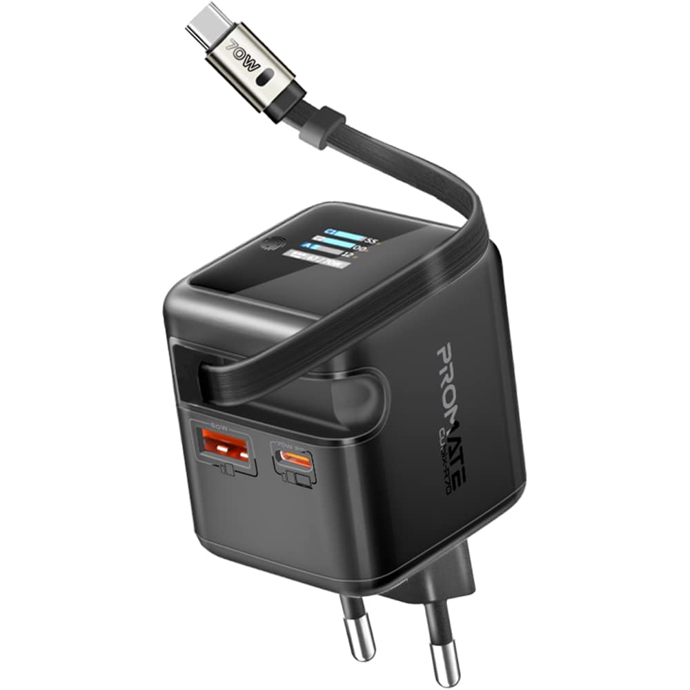 Incarcator retea PROMATE Cubix-R70, 1x USB-C, 1x USB-A, GaN Fast Charging, 70W, negru