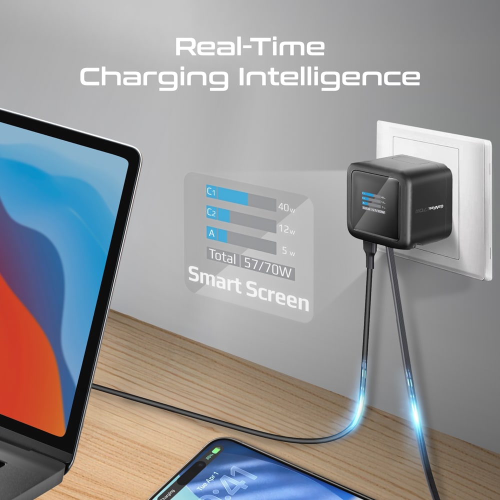 Incarcator retea PROMATE Cubix-R70, 1x USB-C, 1x USB-A, GaN Fast Charging, 70W, negru