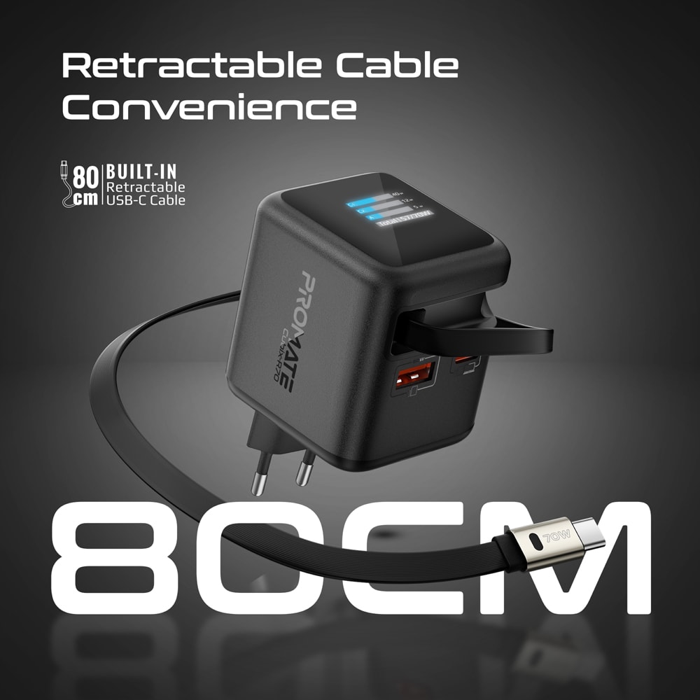 Incarcator retea PROMATE Cubix-R70, 1x USB-C, 1x USB-A, GaN Fast Charging, 70W, negru