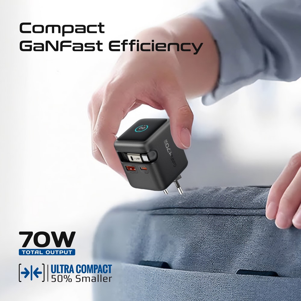 Incarcator retea PROMATE Cubix-R70, 1x USB-C, 1x USB-A, GaN Fast Charging, 70W, negru