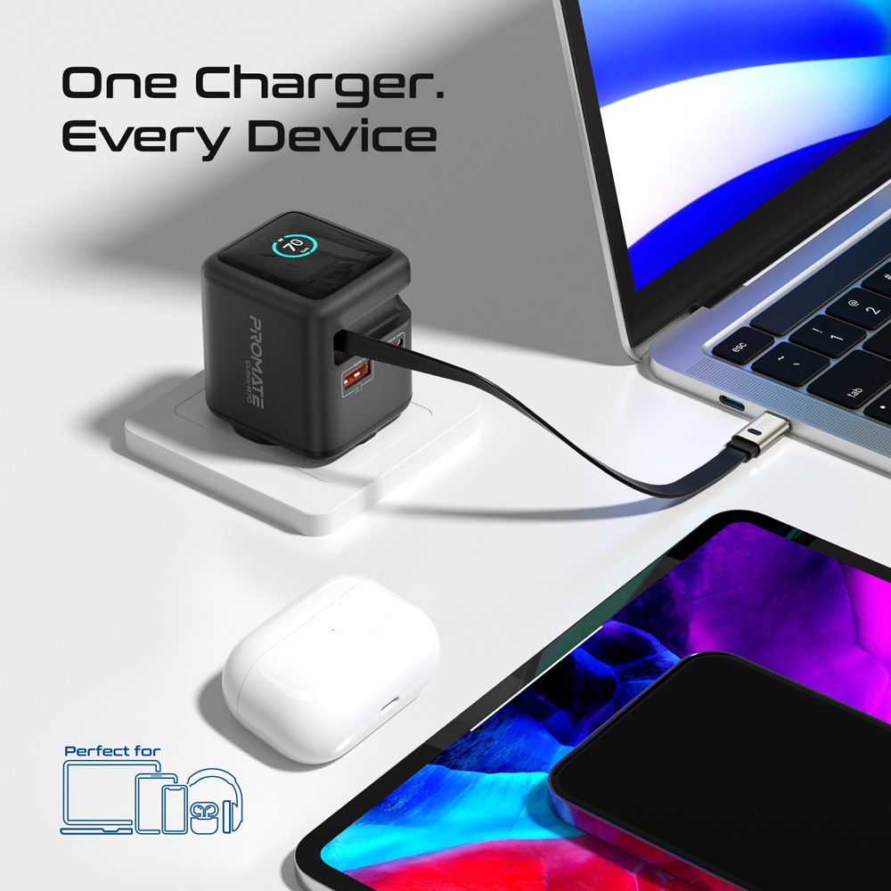 Incarcator retea PROMATE Cubix-R70, 1x USB-C, 1x USB-A, GaN Fast Charging, 70W, negru