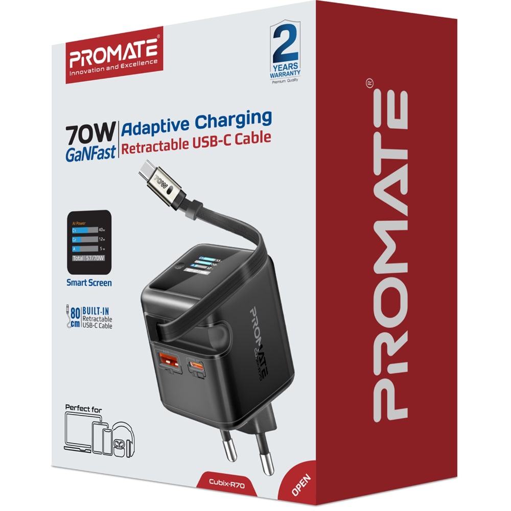Incarcator retea PROMATE Cubix-R70, 1x USB-C, 1x USB-A, GaN Fast Charging, 70W, negru