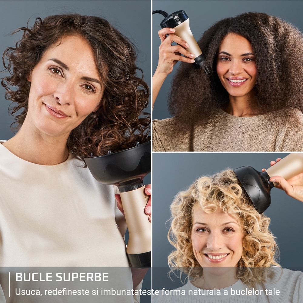 Uscator de par ROWENTA Curl Harmony 3 in 1 CV7D30E0, 700W, 2 viteze, 2 trepte temperatura, auriu