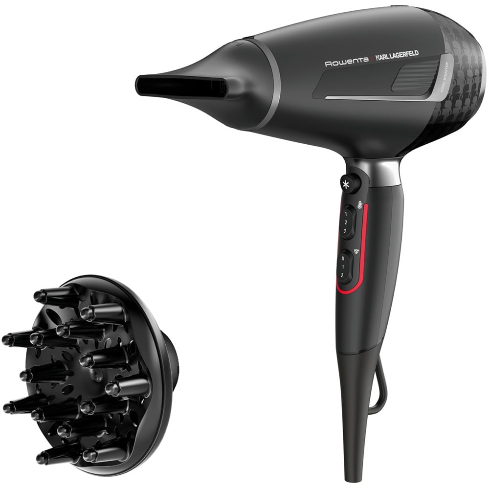 Uscator de par ROWENTA X Karl Lagerfeld Pro Stylist CV887LF0, 2200W, 2 viteze, 3 trepte temperatura, negru-argintiu