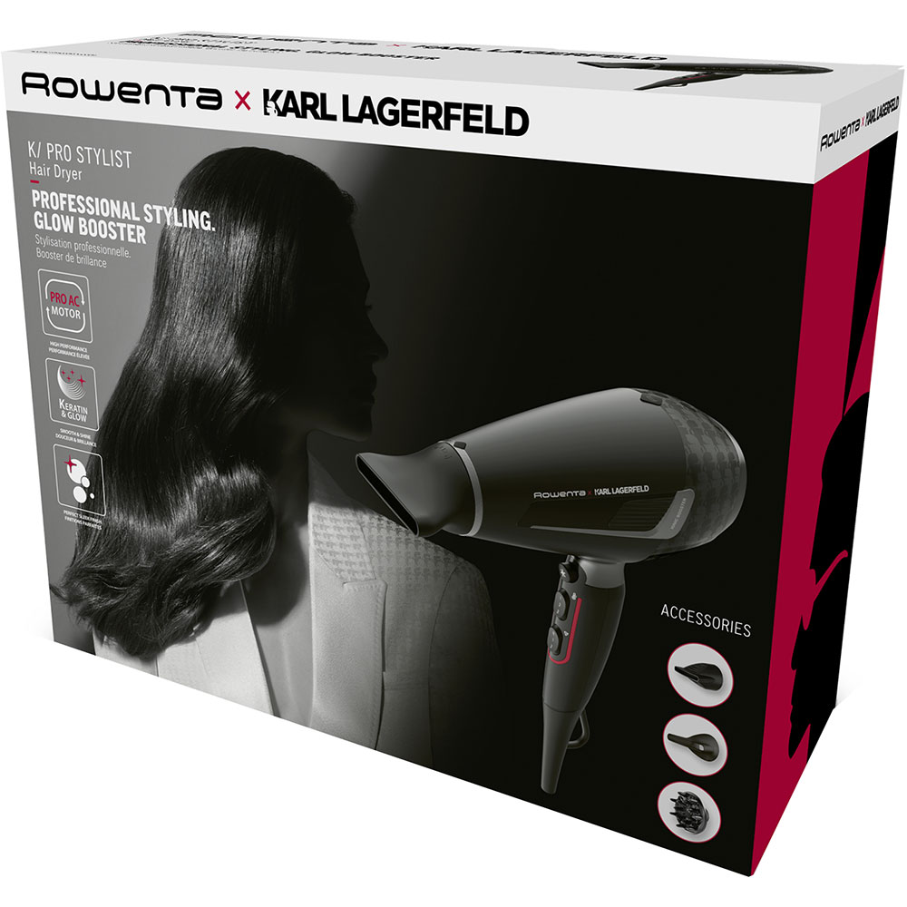 Uscator de par ROWENTA X Karl Lagerfeld Pro Stylist CV887LF0, 2200W, 2 viteze, 3 trepte temperatura, negru-argintiu