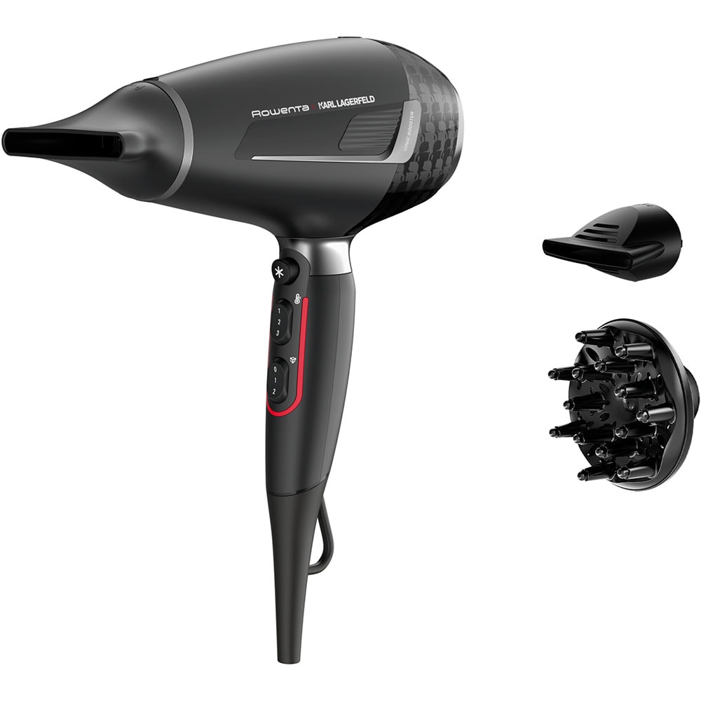 Uscator de par ROWENTA X Karl Lagerfeld Pro Stylist CV887LF0, 2200W, 2 viteze, 3 trepte temperatura, negru-argintiu