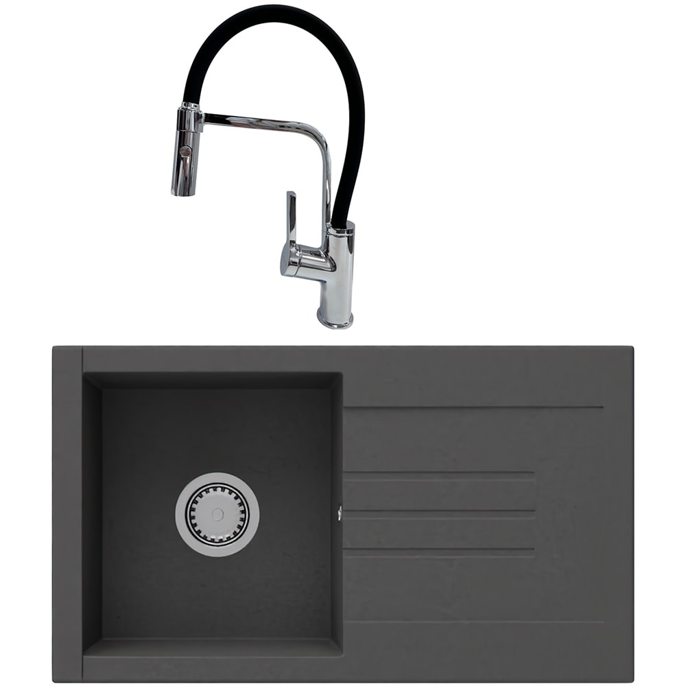 Pachet chiuveta SANDONNA Arona 76, 1 cuva, picurator reversibil, compozit granit + baterie, negru-argintiu
