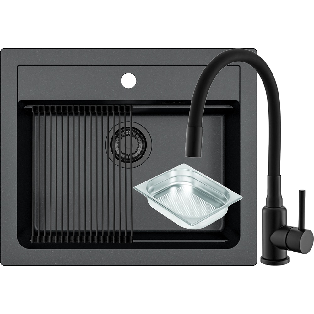 Pachet chiuveta ALVEUS Atrox 30 G91, 1 cuva, compozit granit + baterie Flexa F + accesorii, negru