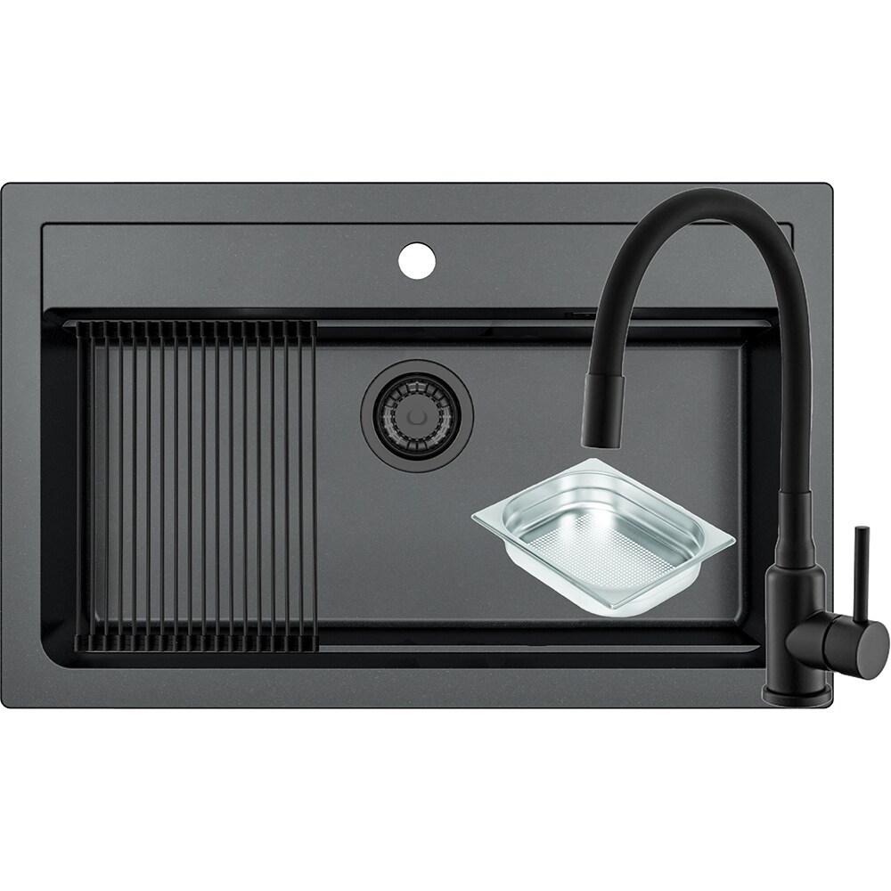 Pachet chiuveta ALVEUS Atrox 40 G91, 1 cuva, compozit granit + baterie Flexa F + accesorii, negru