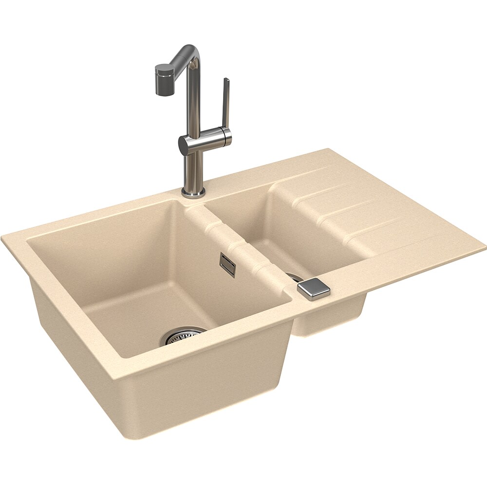 Pachet chiuveta ALVEUS Cadit 70, 1 1/2 cuve, picurator reversibil, compozit granit + baterie Kati G22, crem