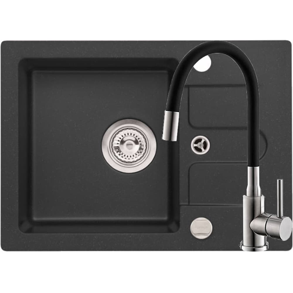 Pachet chiuveta ALVEUS Cancan 30 G91, 1 cuva, picurator reversibil, compozit granit + baterie Flexa G91, negru